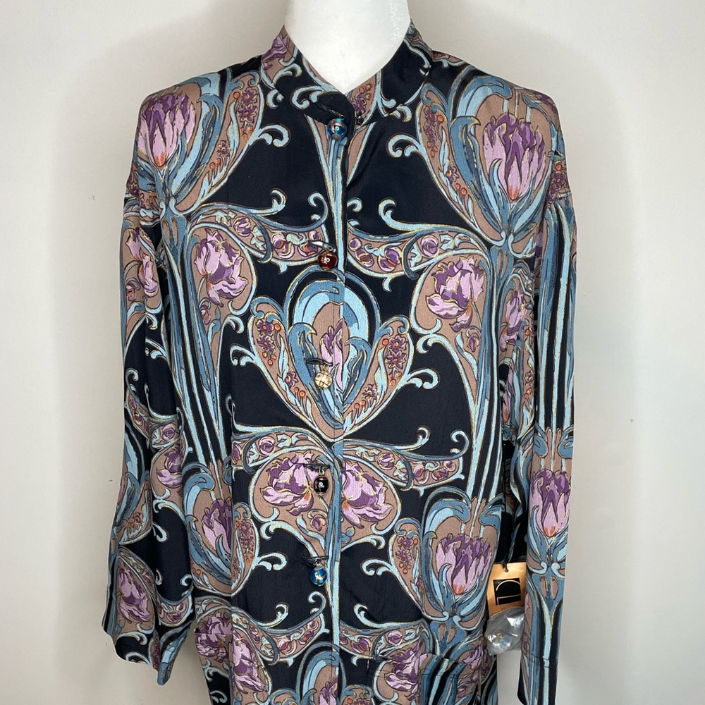 Vintage Carole Little Button Front Tunic Top Sz 6 Black And Blue 3/4 Sleeves
